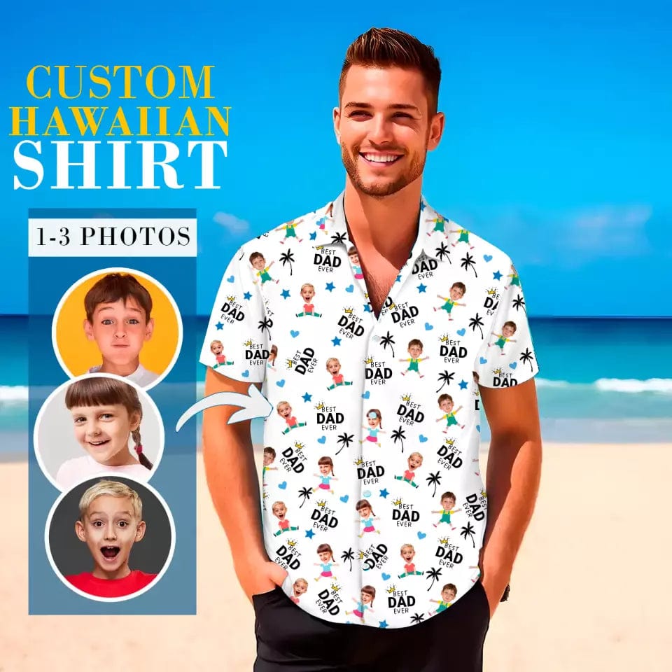 Personalized Custom Hawaiian Shirt For Fathers With Images Of Your Kids - Unisex Tropical Best Dad Ever Hawaiian Shirt For Father's Day - Summer Gifts