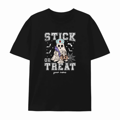 Vintage Halloween Stick Or Treat Ghost Nurse Halloween T-shirt | Sweatshirt | Hoodie - Halloween Nurse Apparel