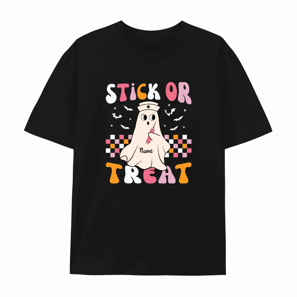 Retro Stick Or Treat Ghost Halloween T-shirt | Sweatshirt | Hoodie - Halloween Nurse Apparel