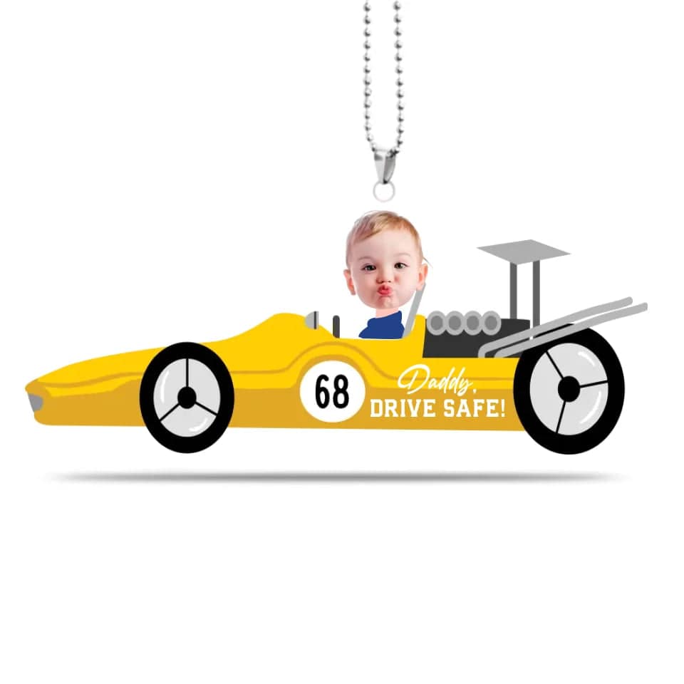 Custom Photo Drive Safe Daddy Sport Car Customized With Your Kid's Face - Personalized Acrylic Car Hanger - Gift For Dad, Father, Papa, Grandpa